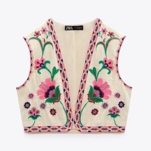 Zara Folk Vest with Pink and Green Floral Embroidery
